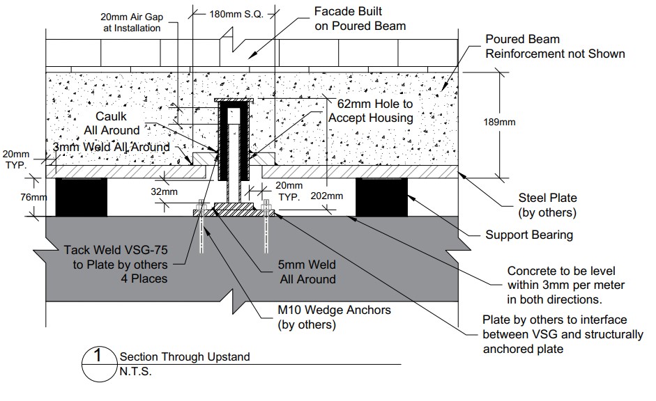 A cross section showing the isolated concrete beam